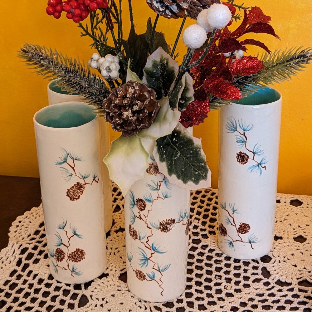 4 Vtg. Hand Made Ceramic Bud Vases 1979 White, Aqua Inside, Pine Cone Branches